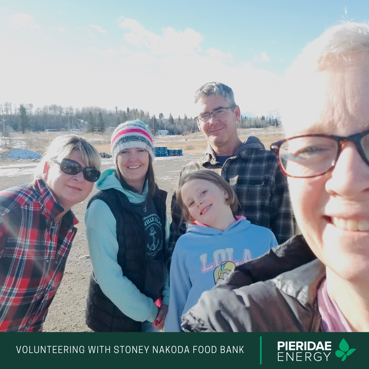 Our five Pieridae volunteers take a selfie together at the Stoney Nakoda Food Bank